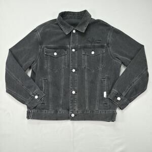 GXG Mens L Denim Trucker Jacket Black Wash Embroidered Graphic Back Streetwear